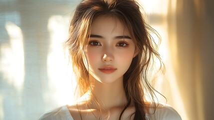 Obraz premium Golden Hour Beauty: A young woman with radiant skin and long brown hair, bathed in the warm glow of golden sunlight, gazes directly at the camera with a serene and captivating expression.
