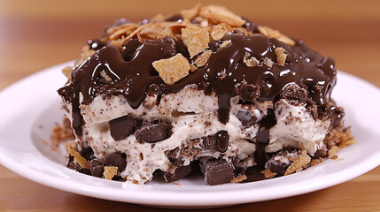 Decadent Dessert Delight Chocolate Chip Layers and Crunchy Topping on a White Plate Background