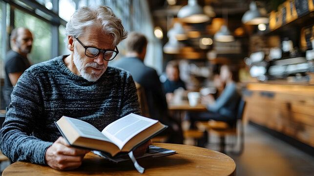 Senior man reading book in cafe, people chatting in background, relaxing atmosphere, ideal for articles about retirement or leisure