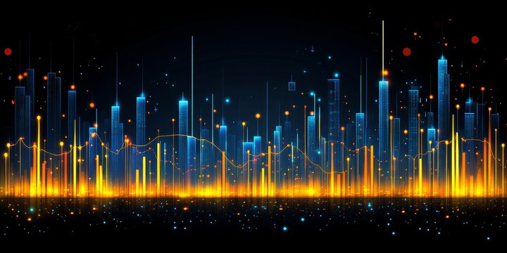 Abstract City Skyline with Glowing Candle Chart, Symbolizing Market Data and Financial Trends