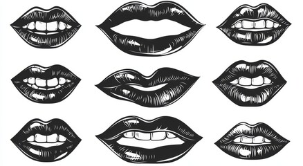 A halftone newspaper collage effect showcases a mouth and lips in a scream, smile, or anger, suitable for a grunge punk y2k design. This modern illustration incorporates a vintage banner with pop art