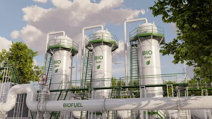 Biofuel production plant. Facility to produce bio fuel derived from biological sources. Concept of green fuel. Time lapse. 3D rendering.