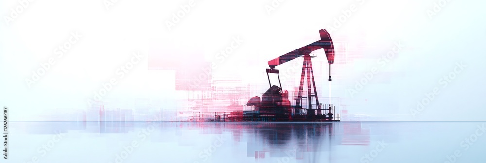 Poster futuristic oil pump jack extracting fossil fuel with a digital overlay symbolizing data analysis, au