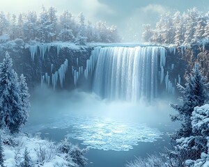 Serene Frozen Waterfall Surrounded by Snow Dusted Evergreens in Majestic Winter Wonderland
