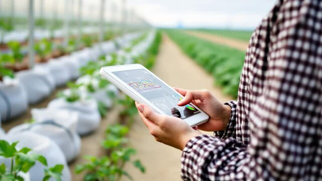 Smart farming technology Analyzing crop data with tablets in agriculture