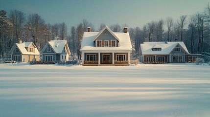 Snowy winter houses, neighborhood homes, serene landscape, winter wonderland, real estate
