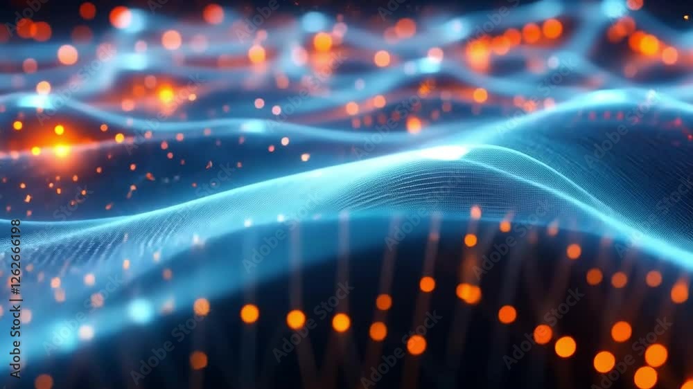 Poster Abstract Data Flow: A mesmerizing abstract background featuring glowing blue lines and orange particles, symbolizing the interconnectedness of data and the flow of information in the digital age.