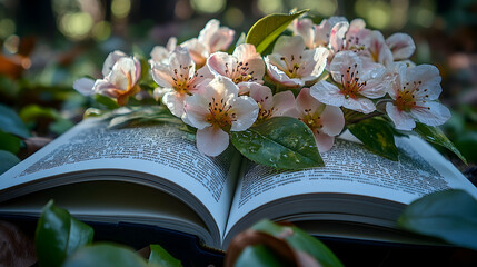 Spring blossoms on open book in forest; nature reading; peaceful scene; ideal for education or nature themes