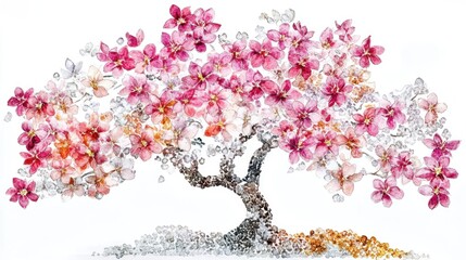 Obraz premium Pink blossom tree art, white background, stones base, spring design