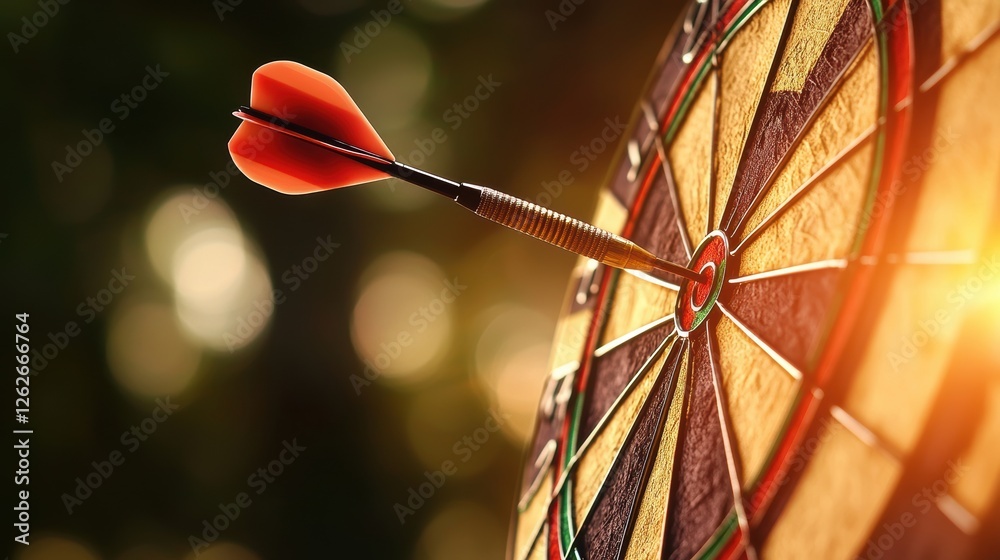 Poster a close-up of a dart embedded in the bullseye of a dartboard, illuminated by warm sunlight, creating