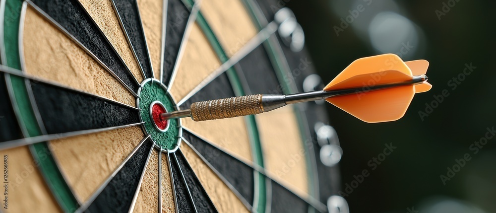 Poster a close-up of a dart embedded in the bullseye of a dartboard, showcasing precision and focus in the 