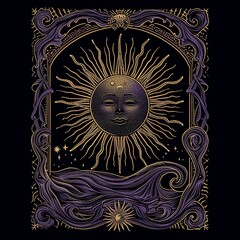Fototapeta premium mystical sun and ocean in intricate ink drawing with golden details, celestial and esoteric artwork