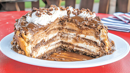 Delicious Chocolate Lasagna Dessert Cake with Creamy Layers on a White Plate Sweet Delight