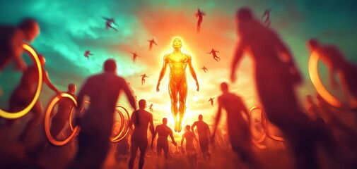 A surreal scene depicting a glowing figure amidst a crowd of shadowy silhouettes, all set against a vibrant, colorful sky.