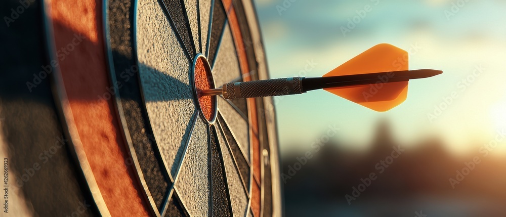 Poster a dart is embedded in the bullseye of a dartboard, bathed in warm light, suggesting focus and precis