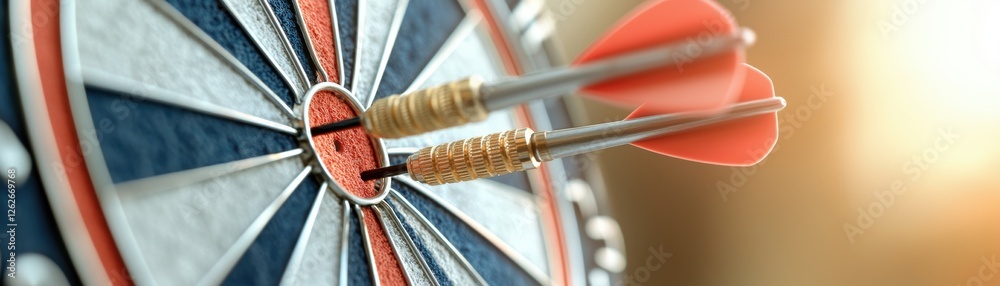 Poster a close-up view of a dartboard with two darts lodged in the bullseye, highlighting precision and ski