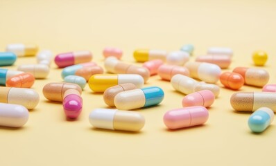 Colorful capsules on yellow background