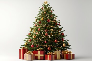 A PNG image of a decorated Christmas tree with ornaments and lights, featuring a transparent background, ideal for holiday designs.