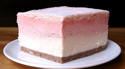 Delicious Layered Ice Cream Cake on a White Plate Featuring Pink Strawberry and Vanilla Flavors