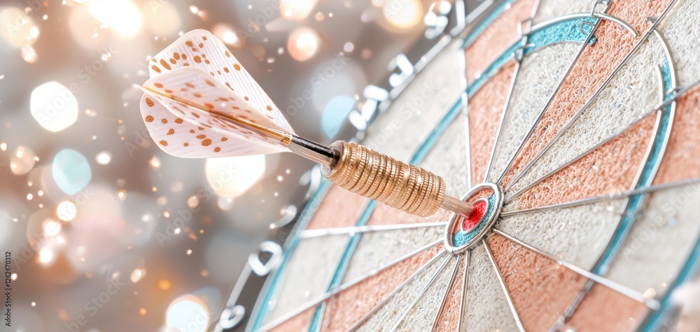 Poster a dart embedded in the center of a colorful dartboard, surrounded by a shimmering background, symbol