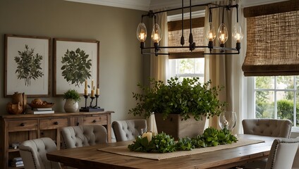 Rustic dining room with wood table, botanical prints, industrial chandelier, and woven blinds
