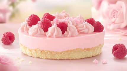 Delicious Pink Raspberry Cake with Whipped Cream and Crumbly Crust a Sweet Dessert Display