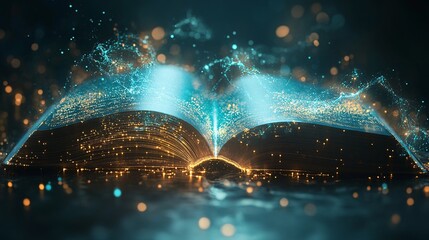 Open book with pages transforming into digital data streams, symbolizing the fusion of technology and education