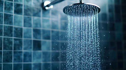 Water droplets falling from a modern showerhead, blue tiled bathroom background.