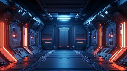 Futuristic Spaceship Corridor With Neon Lights And Elevator