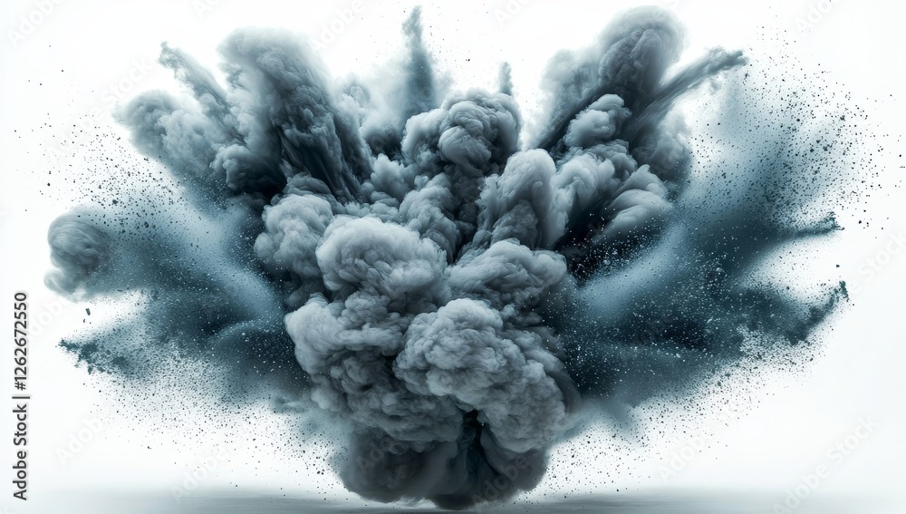 Wall mural powerful explosion with debris and dust particles floating in mid-air, isolated on a transparent bac