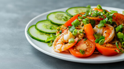 Fresh shrimp salad with juicy tomatoes, crisp cucumbers, and vibrant green onions, offering a healthy and delicious meal option.