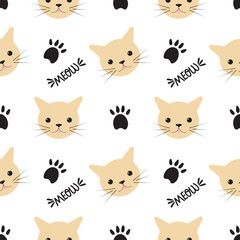 Seamless pattern with cat face, paw print and meow lettering. For fabric design, cover, veterinary.Vector.