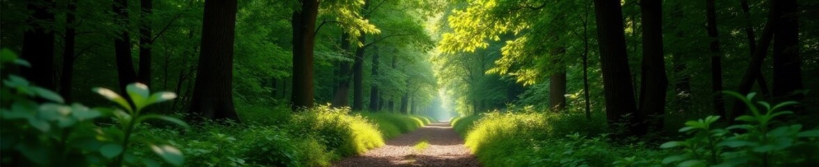 Obraz premium Narrow lane through dense woodland, dappled light, serene, nature photography