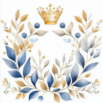 recommend clip art: Watercolor Floral Wreath with Golden Crown Leaves and Blue Berries on White Background