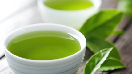 Fresh Green Tea in Small Cups on Wooden Table