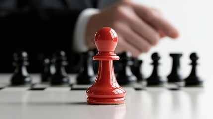 A close-up of a red pawn on a chessboard, with a blurred hand poised to make a move, symbolizing strategy and competition.