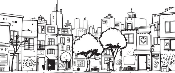City landscape. Different buildings on street, outline cityscape hand sketch, flat houses. Hand drawn vector illustration