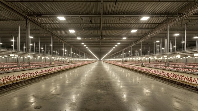 Large industrial poultry farm with rows of chicks under artificial lighting in a spacious facility