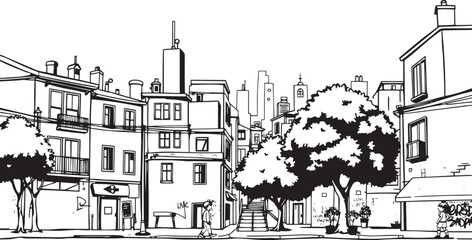 City landscape. Different buildings on street, outline cityscape hand sketch, flat houses. Hand drawn vector illustration