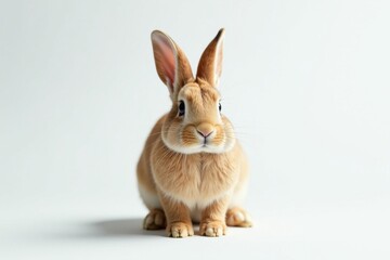 Fototapeta premium One lone brown bunny on pristine white, facing forward, animal, hare