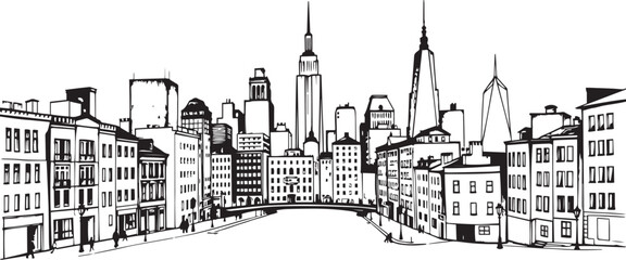 Obraz premium City landscape. Different buildings on street, outline cityscape hand sketch, flat houses. Hand drawn vector illustration