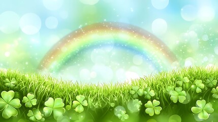 Obraz premium St Patricks Day banner with a golden rainbow arching across a blurred green hill background, soft spring light illuminating the foreground, clean and simple layout with ample copy space, a sense of