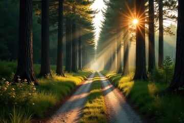 Obraz premium Sun-dappled road winds through tall pines, Aegina , Aegina, atmosphere, peaceful