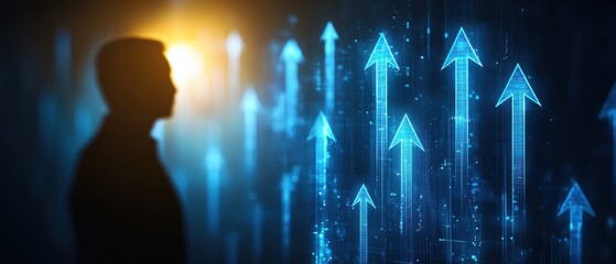 A silhouette of a person stands against a digital backdrop featuring glowing upward arrows, symbolizing growth and progress in technology.