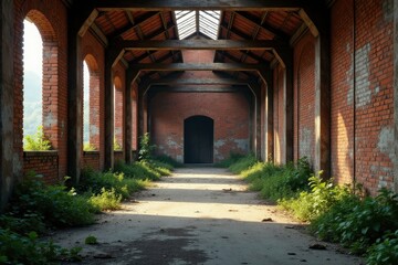 Obraz premium Overgrown brick warehouse, weathered walls, peeling paint, green, project