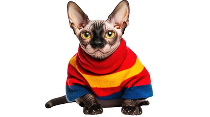 Obraz premium Playful sphynx cat in colorful sweater cozy indoor pet photography