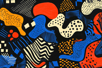 Naklejka premium Bold abstract pattern with colorful shapes and lines on black background, featuring red, blue, yellow, and white elements that create dynamic visual experience