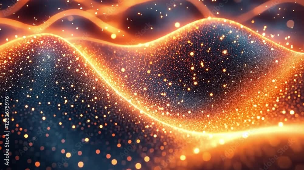 Leinwandbilder abstract glowing waves: shimmering orange and blue light particles dance in a fluid and dynamic abst