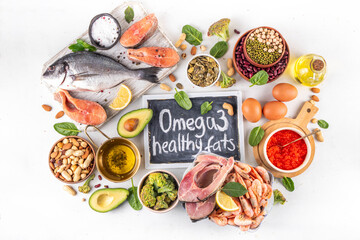 Variety food rich in Omega-3, ALA, EPA, DHA healthy fatty acids sources, Animal and vegetable...