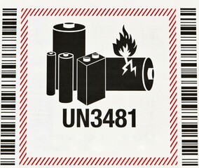UN3481 Lithium ion battery warning Sticker closeup safety instructions.